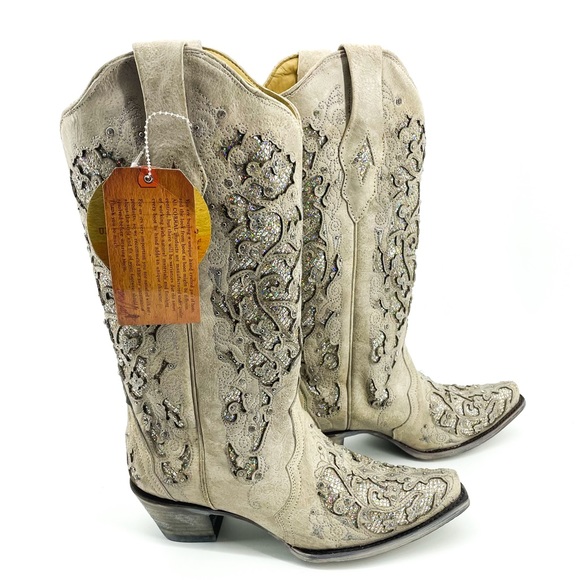 CORRAL🌺White Swarovski Glitter Inlay Leather Western Cowboy Boots Sz 9 - Picture 12 of 15